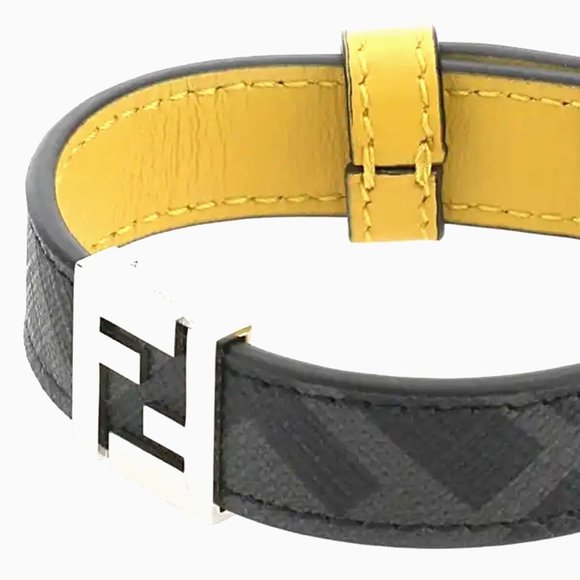 FENDI 'FF Metal Logo Reversible Bracelet' Men's Canvas & Leather M Gry/Ylw NWT! - Picture 10 of 16